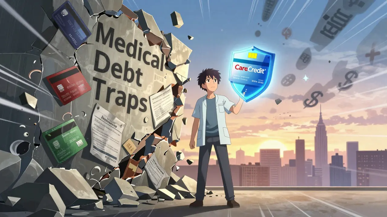 Patient holding healthcare financing card as shield against crumbling medical debt symbols