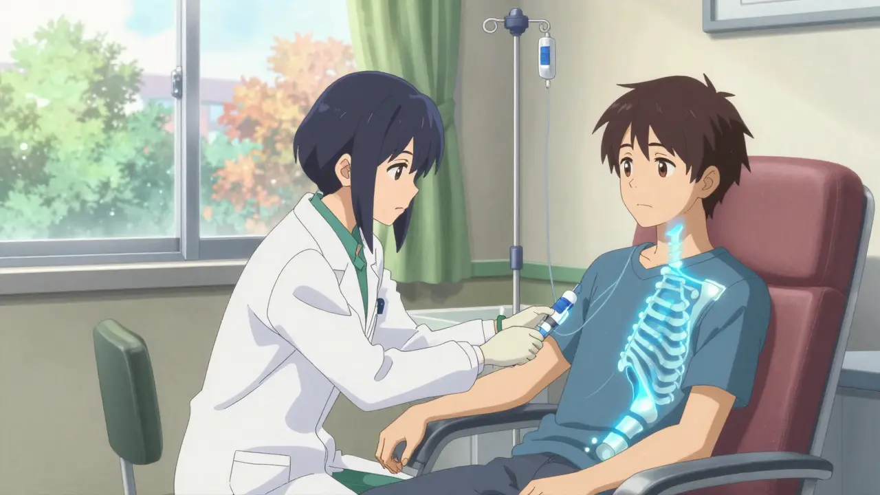 Patient receiving yearly IV bisphosphonate treatment with glowing energy restoring bone density.