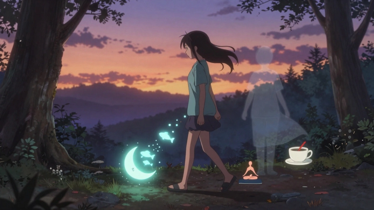 Patient walks through a forest as healthy habits manifest as glowing symbols in the air.