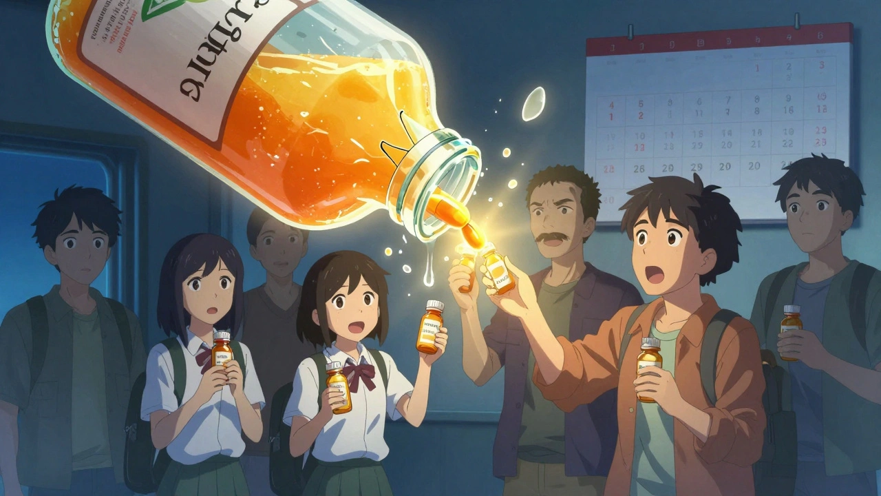 People take allergy pills as orange juice shatters nearby, water hydrates the pills, symbolizing proper use and relief.