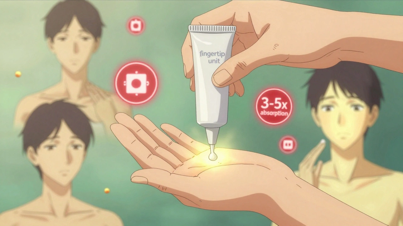 Person applying too little cream while giant hand shows correct dose, skin glowing with healing or damage.