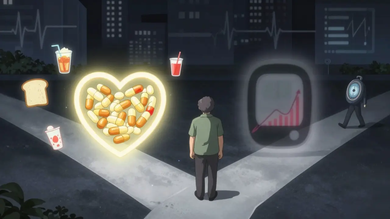 Person at crossroads: one path protected by heart shield, other path shadowed by diabetes symbols and unhealthy foods.