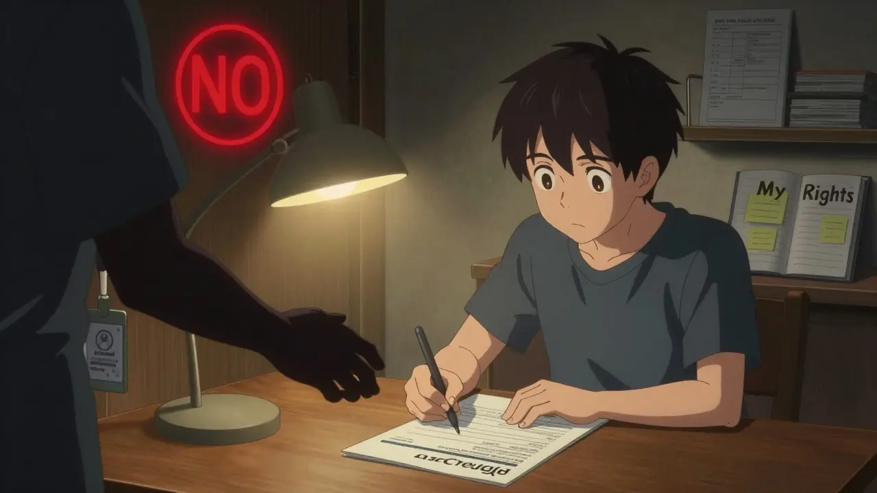 Person filling out medical financing form alone at home, blocked by a red NO symbol