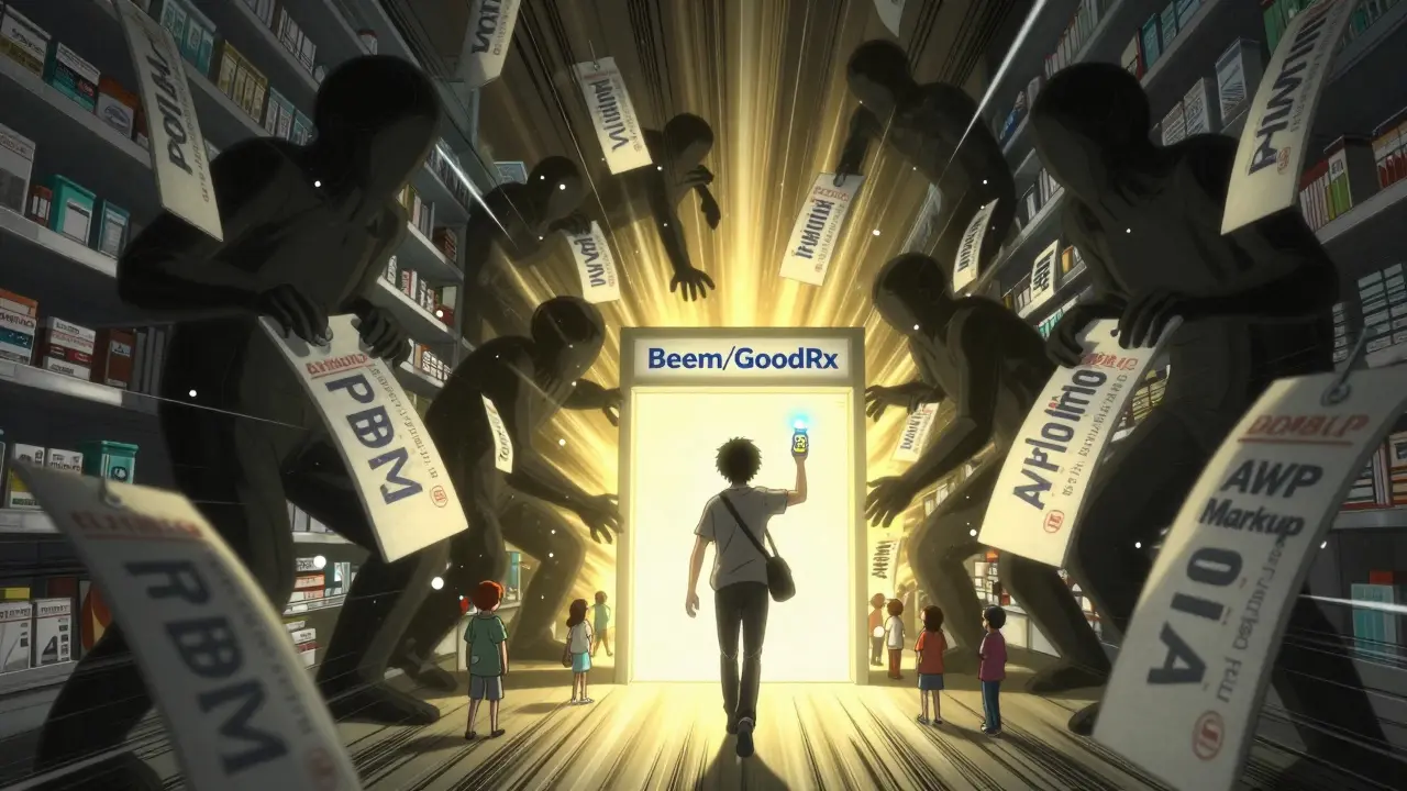 Person walking through a glowing portal away from giant price tag monsters in a pharmacy aisle.