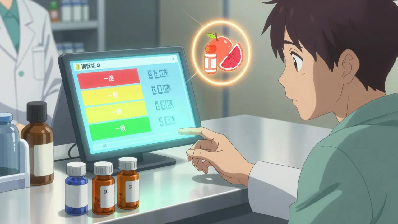 Pharmacist comparing real pill bottles with a holographic drug interaction checker displaying color-coded risk levels.