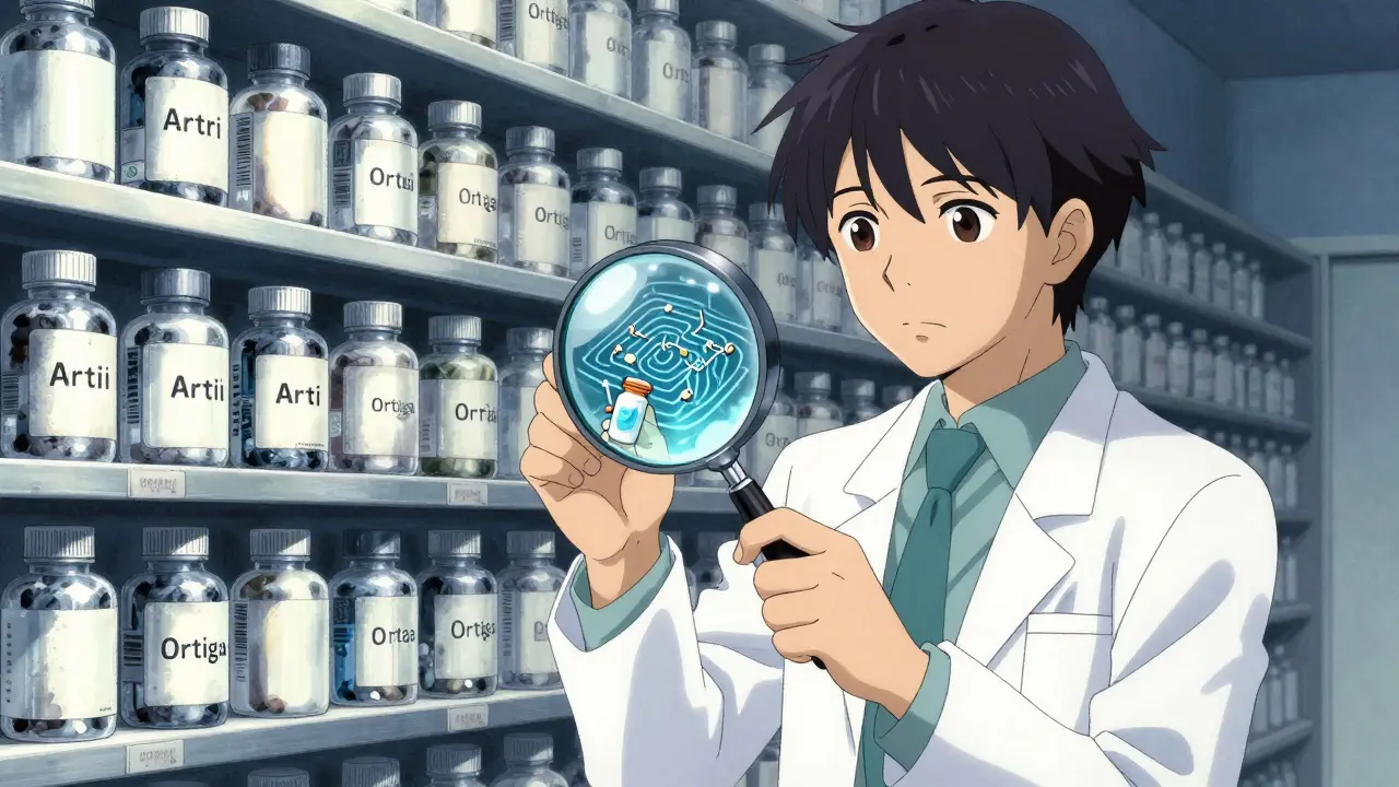 Pharmacist examining a pill revealing hidden dangerous chemicals inside a labyrinth of unlabeled supplements.