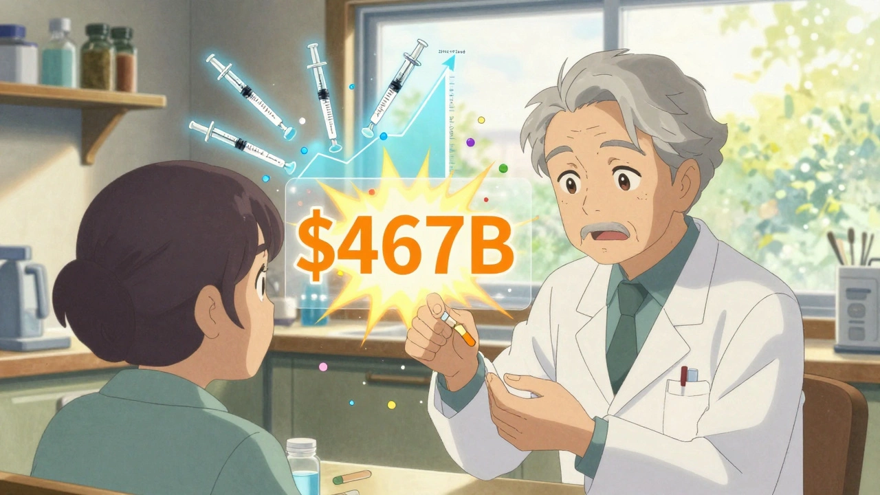 Pharmacist giving a generic pill to an elderly patient with a digital savings overlay in the background.