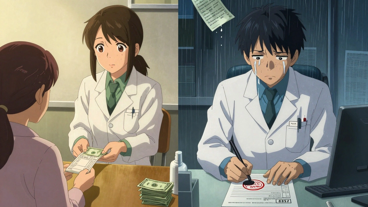 Pharmacist giving cash receipt while forced to process inflated insurance claim under PBM contract.