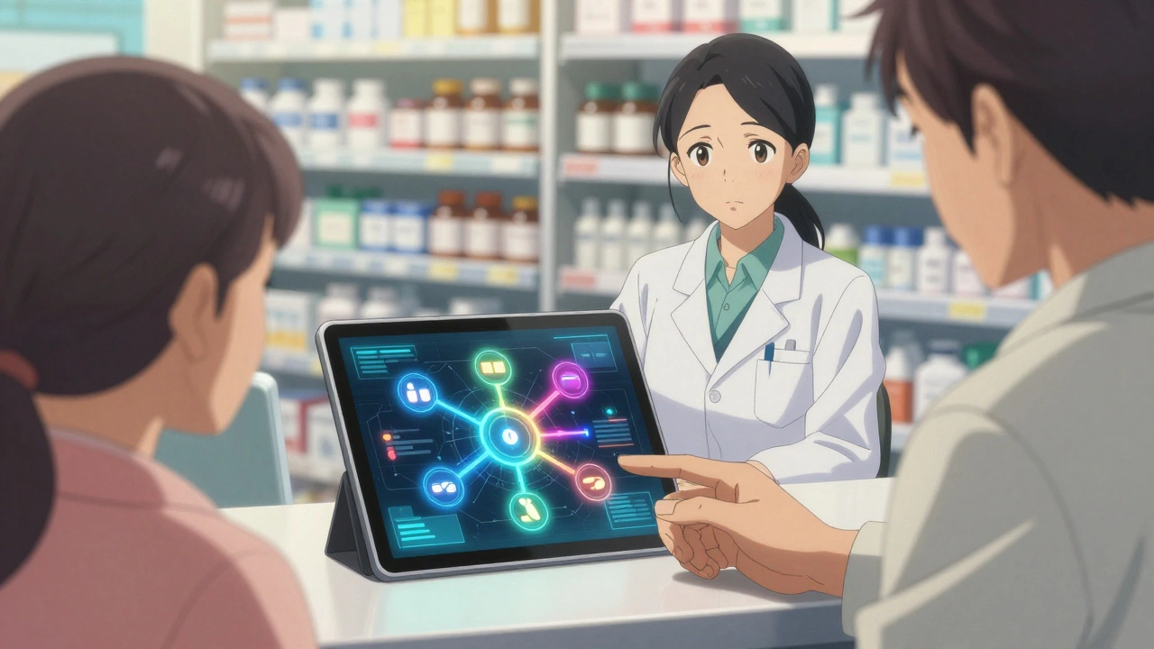 Pharmacist showing drug interaction map on tablet to an older patient in a bright pharmacy.