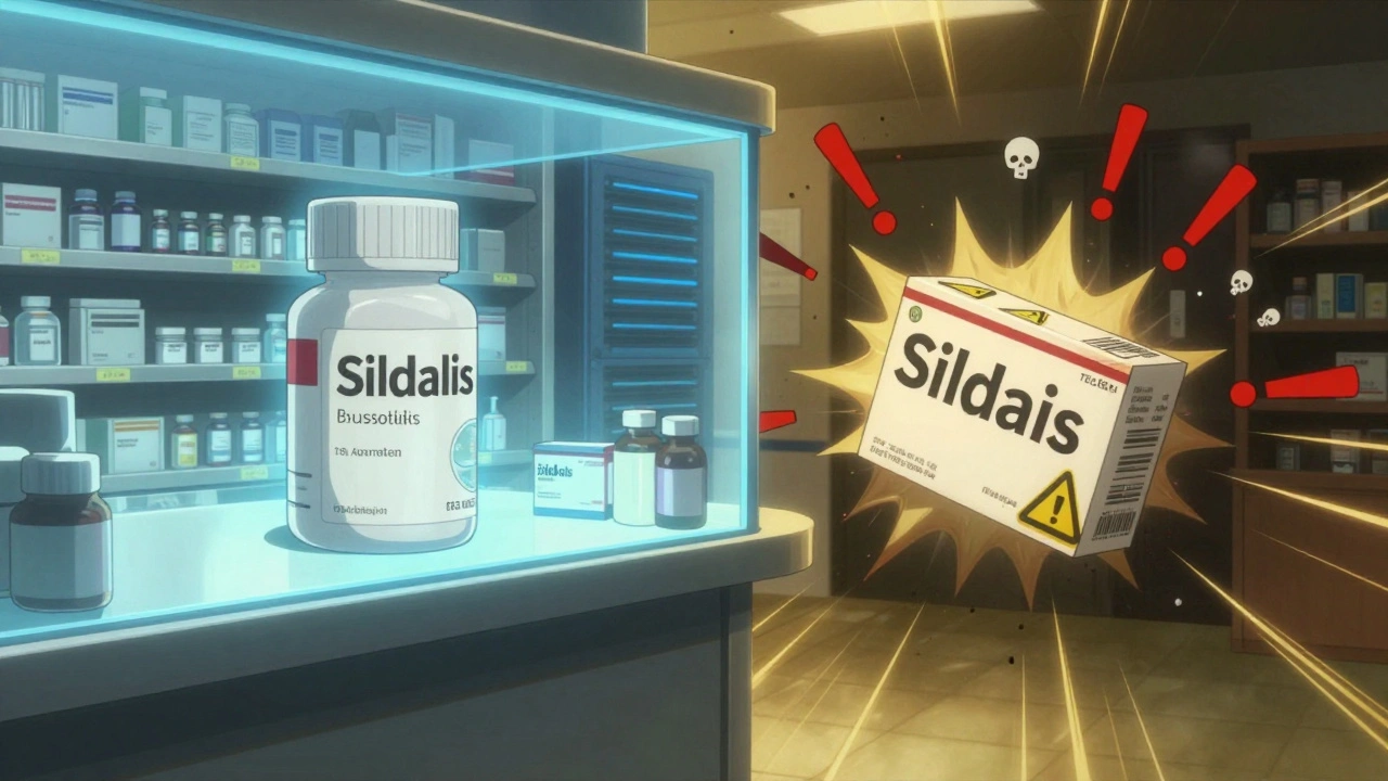 Regulated pharmacy with safe pills vs chaotic online package of Sildalis with warning symbols glowing in dark.
