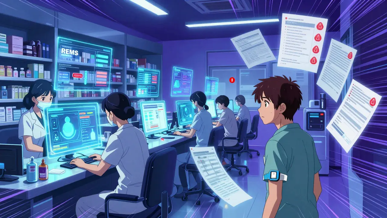 Specialty pharmacy staff navigate holographic REMS systems as a patient watches anxiously amid glowing compliance alerts.
