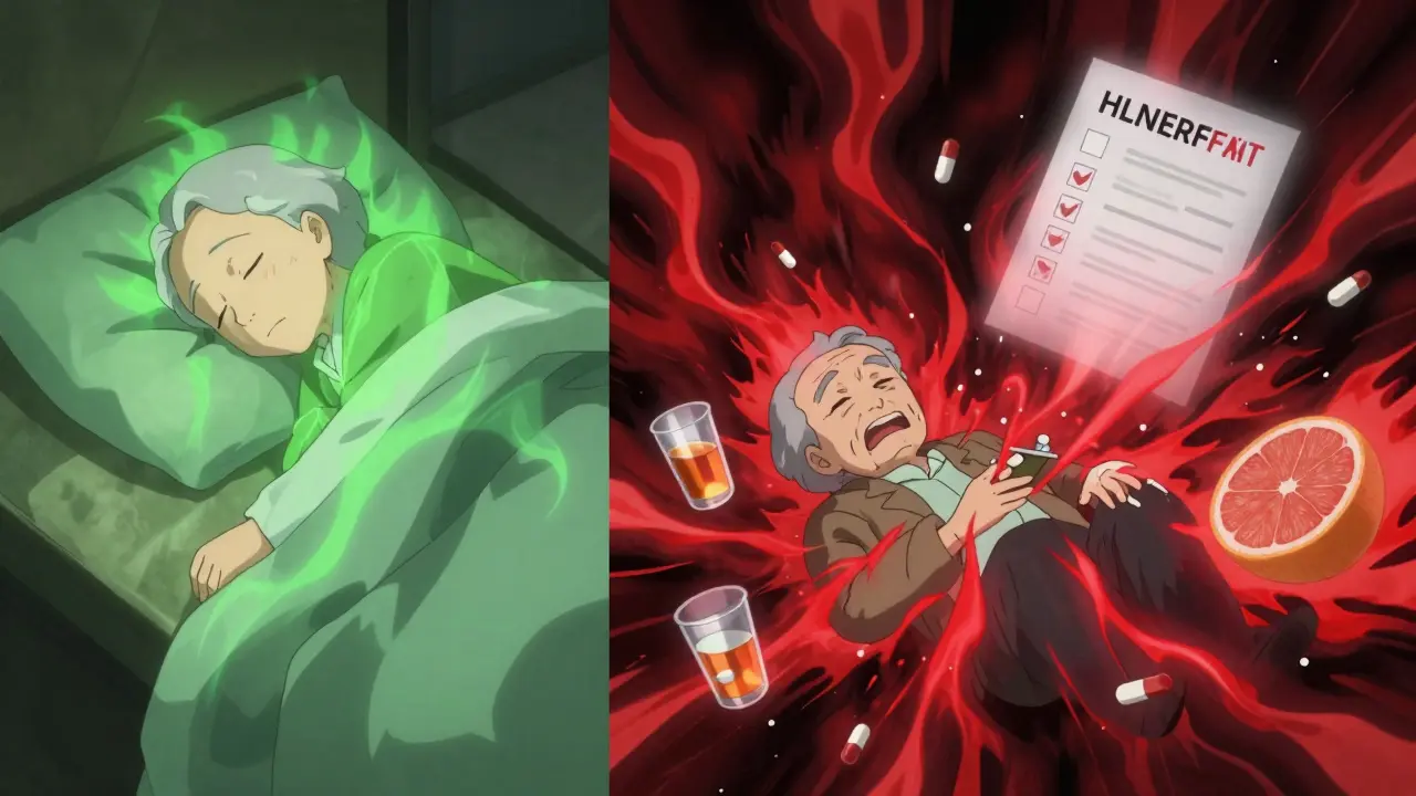 Split image: calm elderly person vs. same person in medical distress surrounded by chaotic medication symbols.