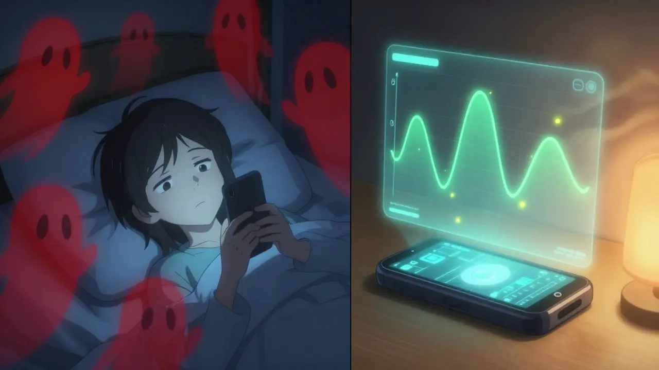 Split scene: anxious person on phone vs. accurate sleep data as glowing fireflies.