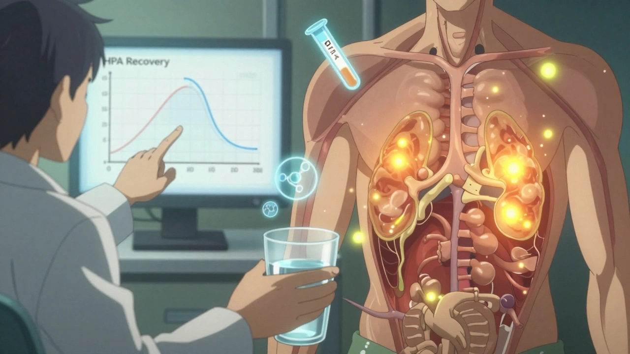 Split scene: doctor explains HPA recovery while adrenal glands glow inside the patient’s body.