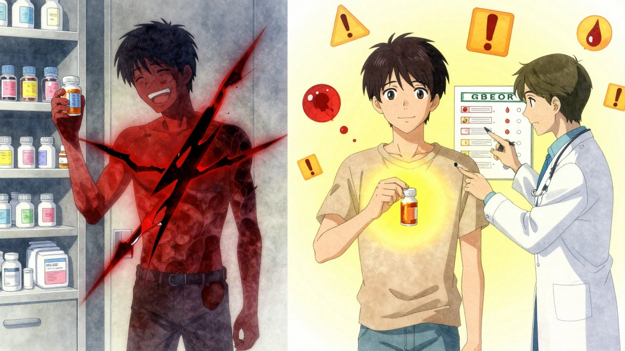 Split scene: one side shows NSAID danger, the other safe acetaminophen use with medical guidance.