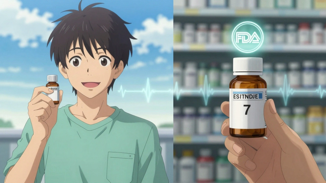 Split scene: person holding expensive branded pill vs. cheap generic pill with FDA seal.