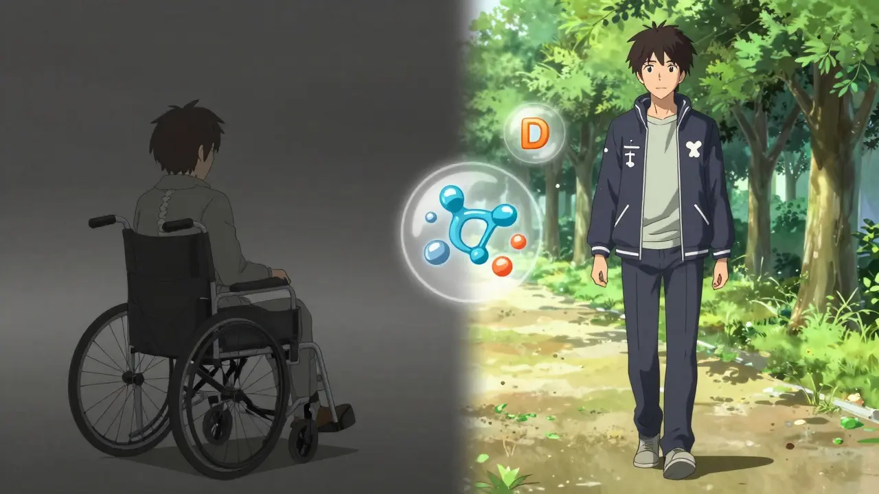 Split scene: person in wheelchair vs. walking confidently, symbolizing prevention of steroid-induced bone loss.