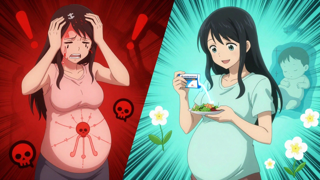 Split scene: pregnant woman with fever on left, smiling and taking safe antibiotic on right, symbolizing protection and healing.