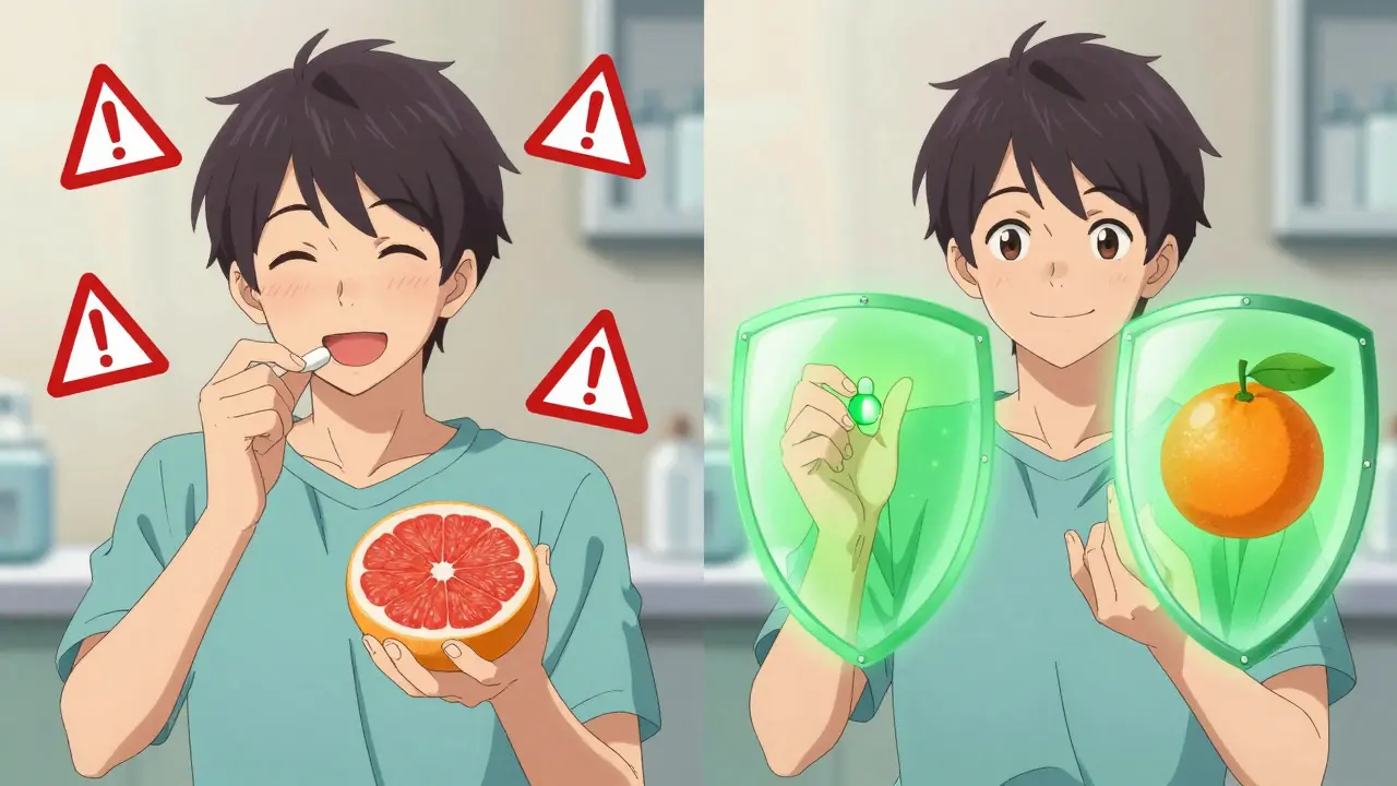 Split scene: risky grapefruit with simvastatin vs. safe orange with rosuvastatin in manga panels.