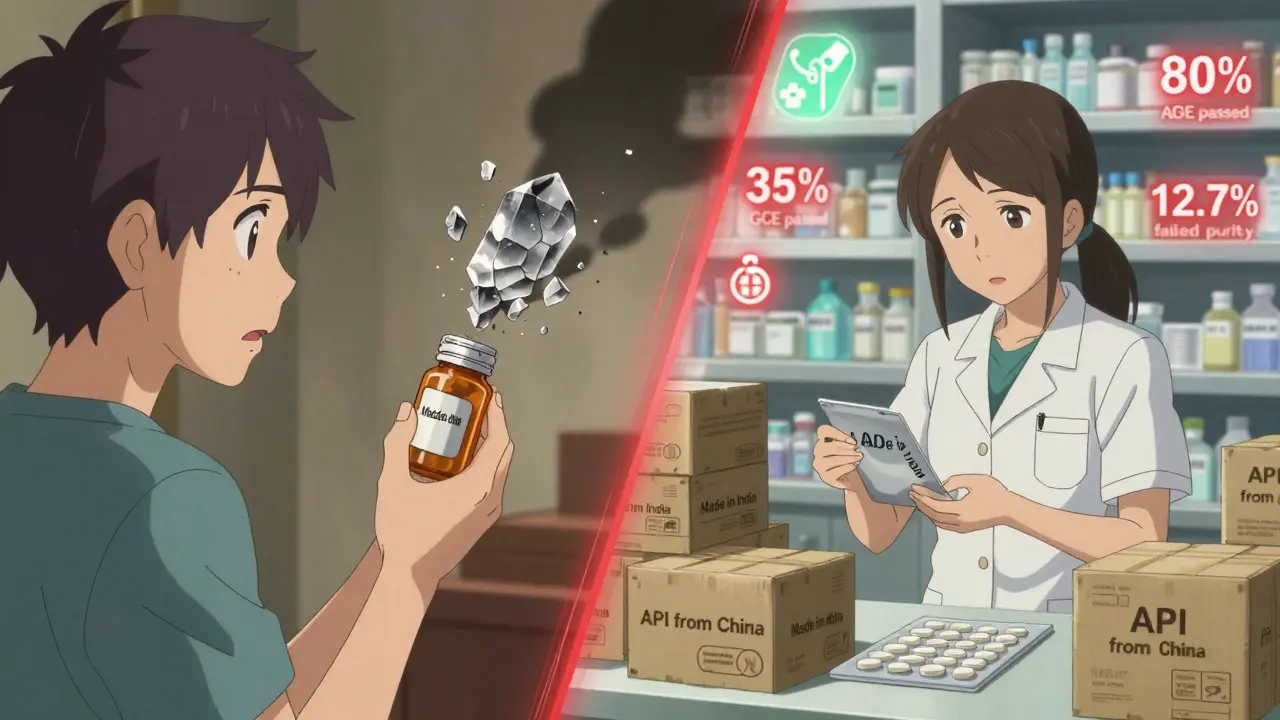 Split scene: U.S. patient with crumbling pill and Indian pharmacy with Chinese API crates, medical stats floating.