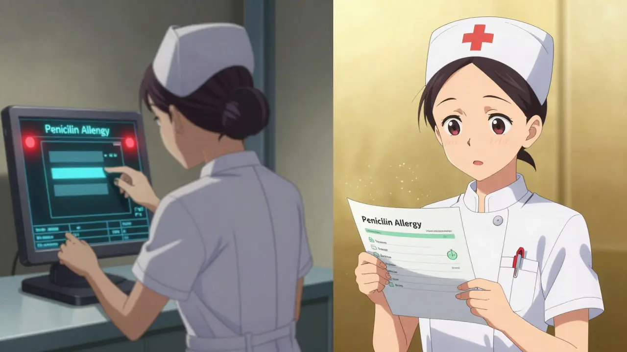 Split scene: vague allergy alert vs. clear, detailed allergy entry on an EHR screen.