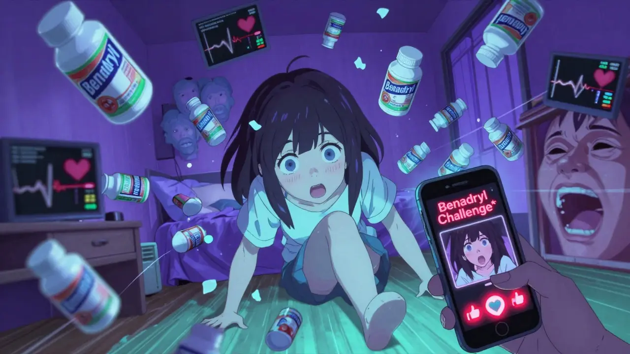 Teen hallucinating after overdosing on Benadryl, surrounded by floating medical warnings and a glowing phone screen.