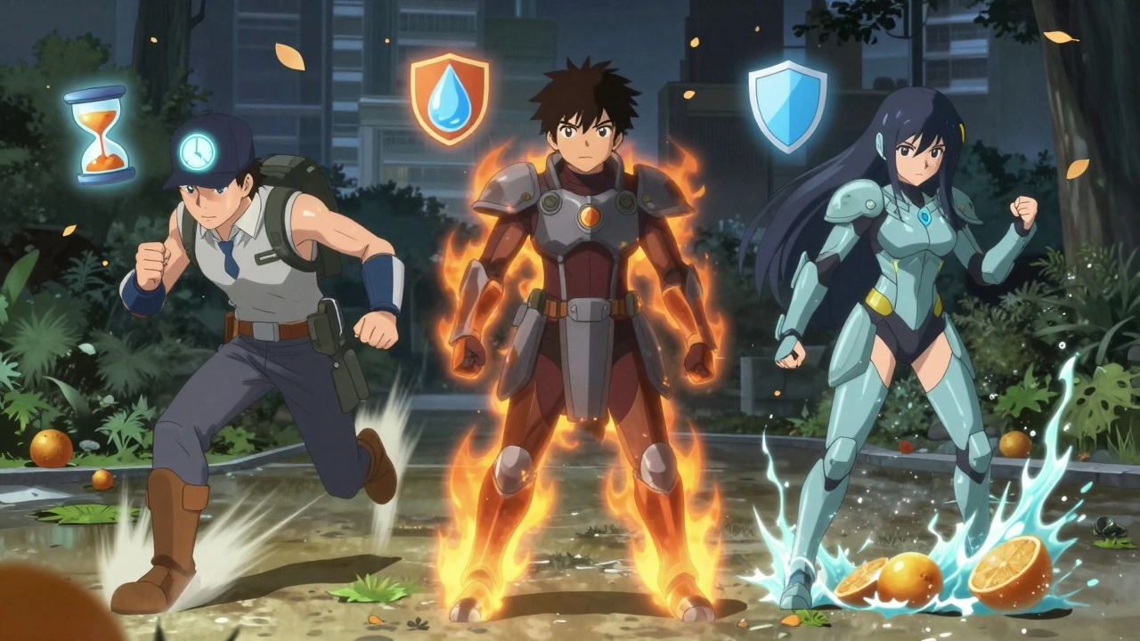 Three anime-style antihistamine warriors battle allergens, each with unique powers reflecting onset speed and side effects.