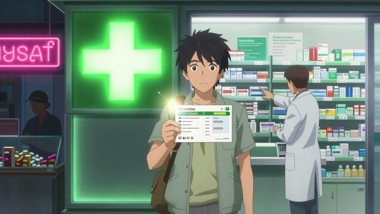 Traveler at a green-cross pharmacy in Bangkok with a multilingual medication card