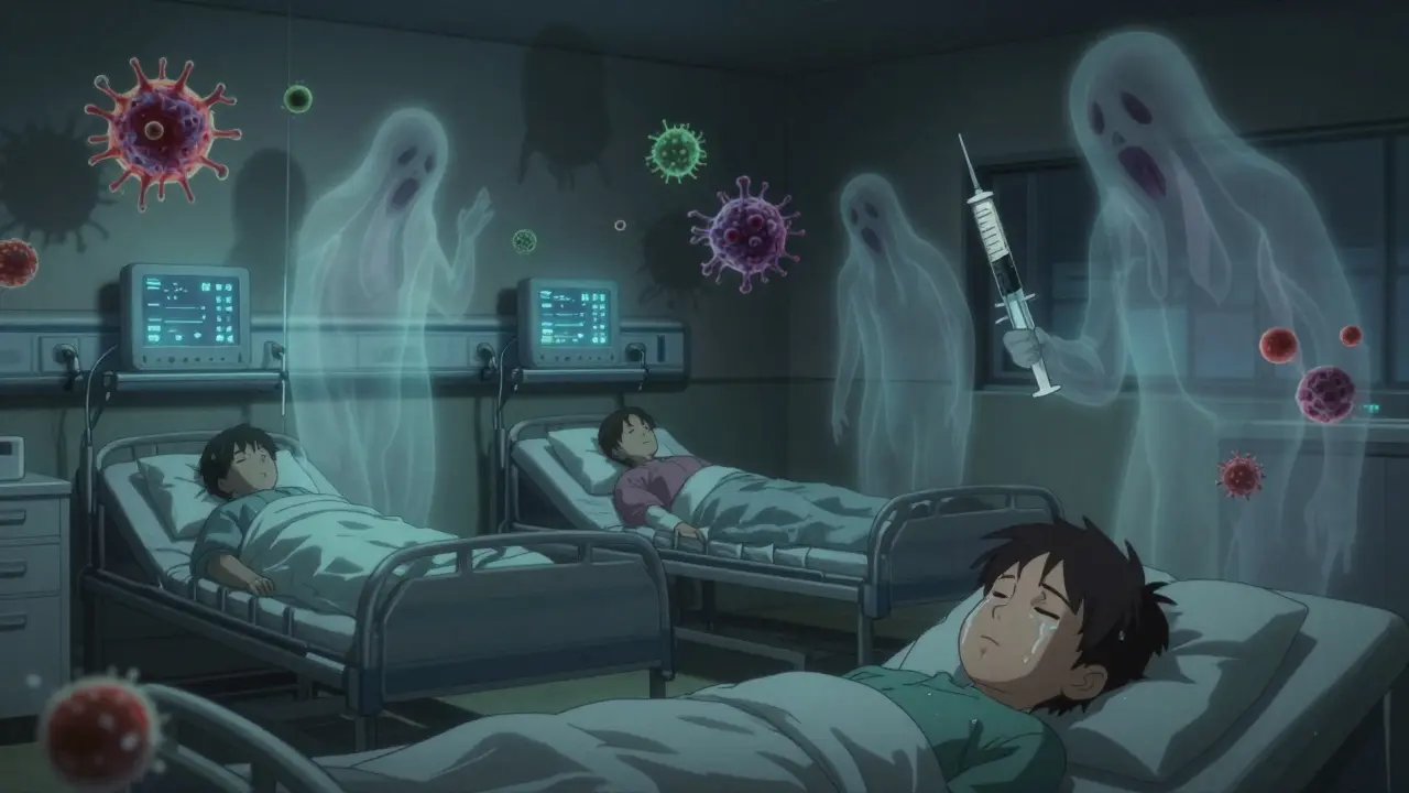 Unconscious patients in a hospital with ghostly toxic elements floating above them in the dark.
