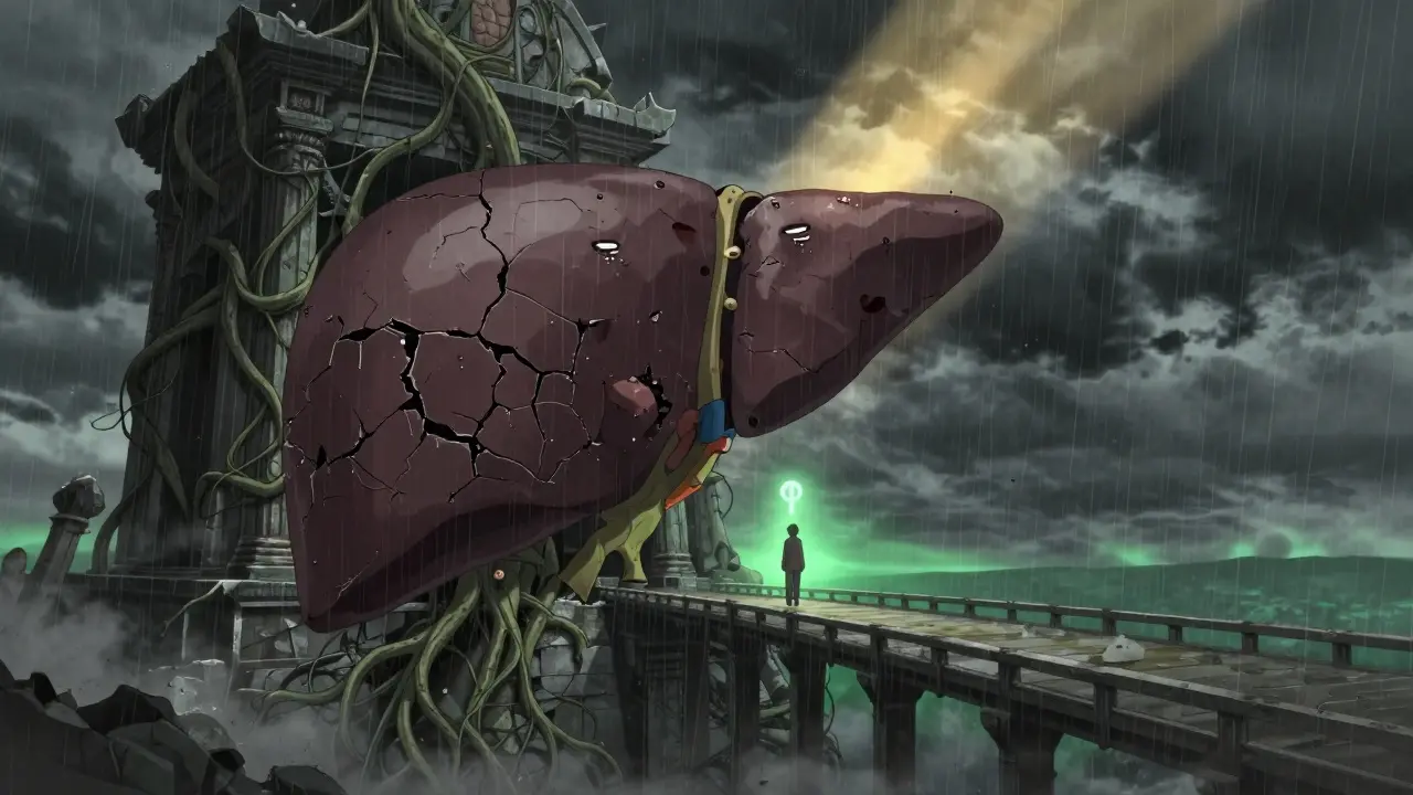 A cracked, scarred liver like a crumbling temple, with a figure walking toward hope on a sobriety bridge.