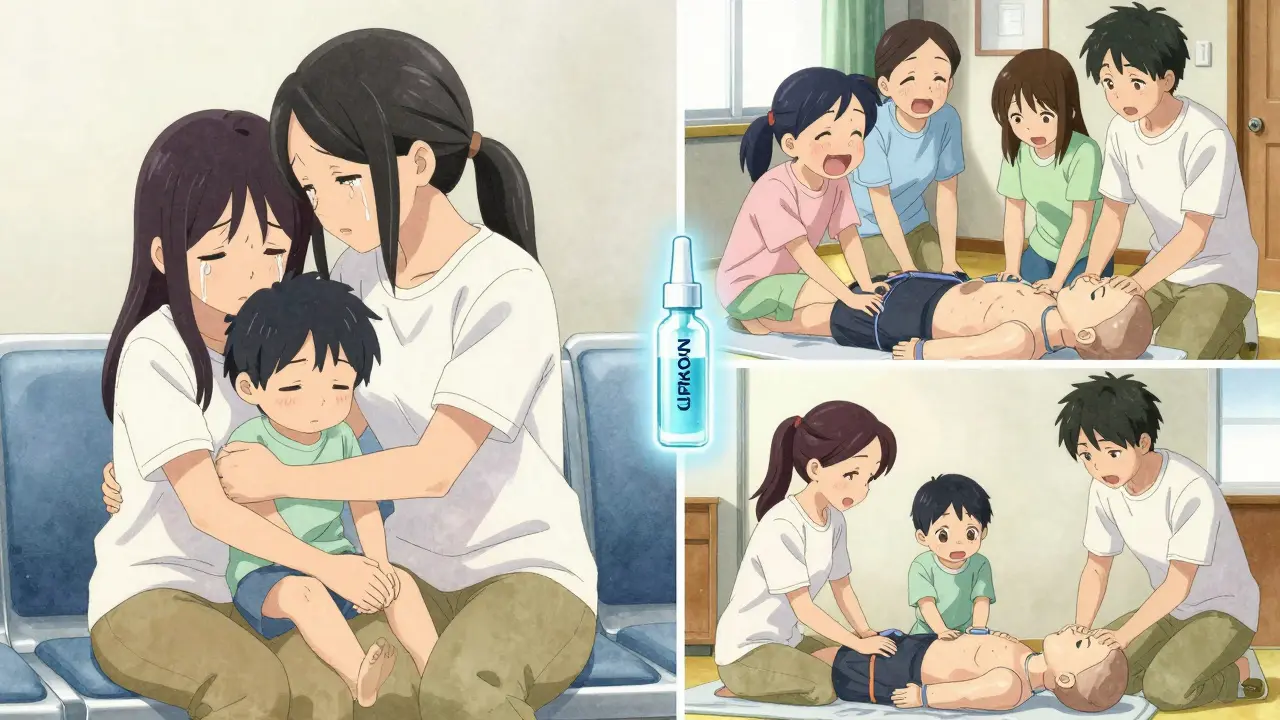 A family hugs in a hospital waiting room, with a flashback of them practicing overdose response.