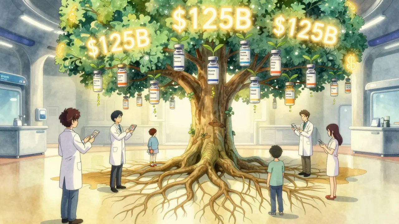 A futuristic medical tree with biologics turning into biosimilar saplings, radiating savings numbers.
