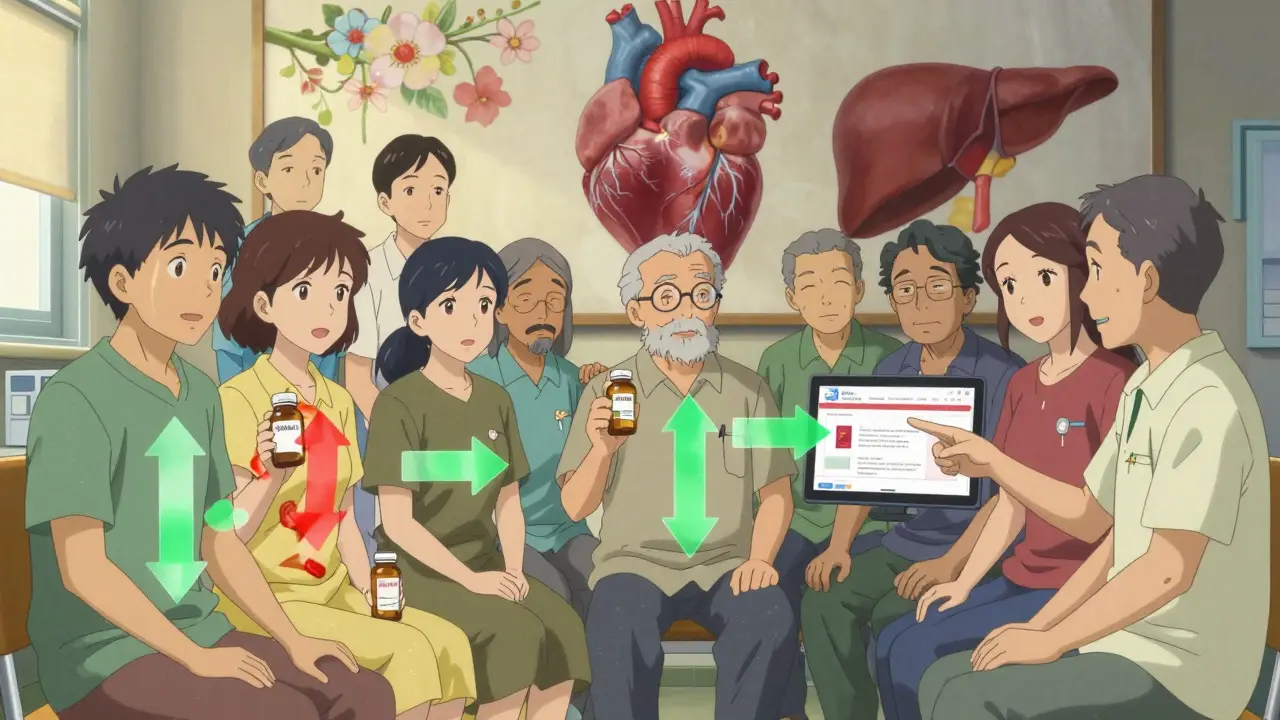 A group of older adults in a clinic discussing statins, with animated drug metabolism paths and a Liverpool website screen.