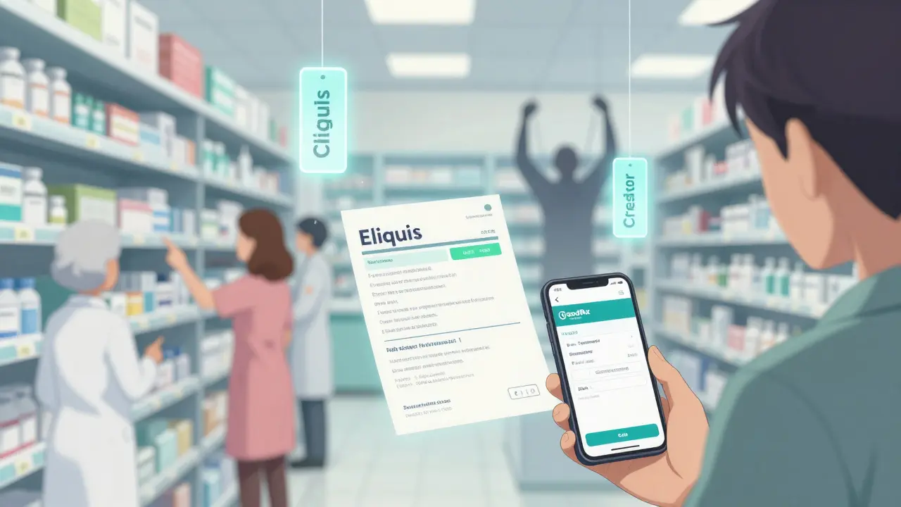 A patient in a pharmacy holding a prescription and smartphone, with floating drug labels transforming into generic versions.