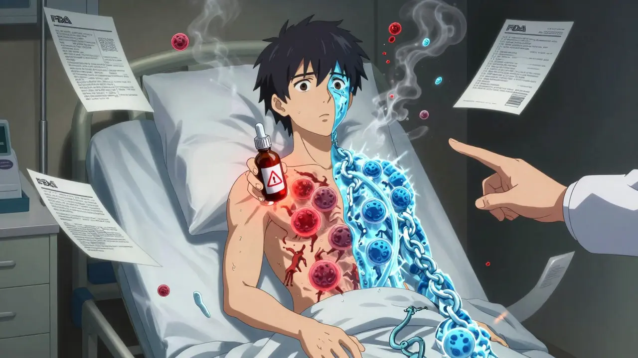 A patient’s body split between overactive and suppressed immune systems, holding an echinacea bottle with a warning symbol, as a doctor gestures urgently.