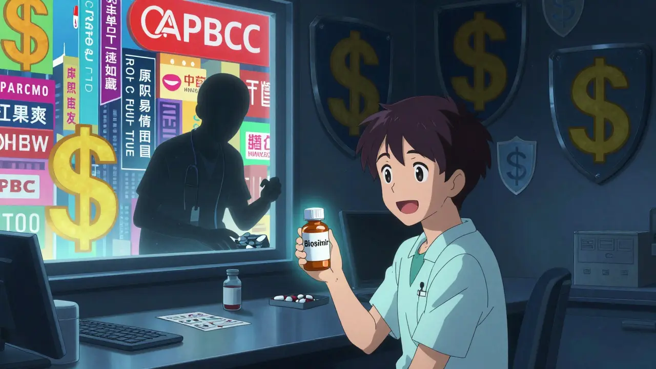 A patient smiling with a biosimilar prescription while a shadowy PBM counts rebates behind patent shields.