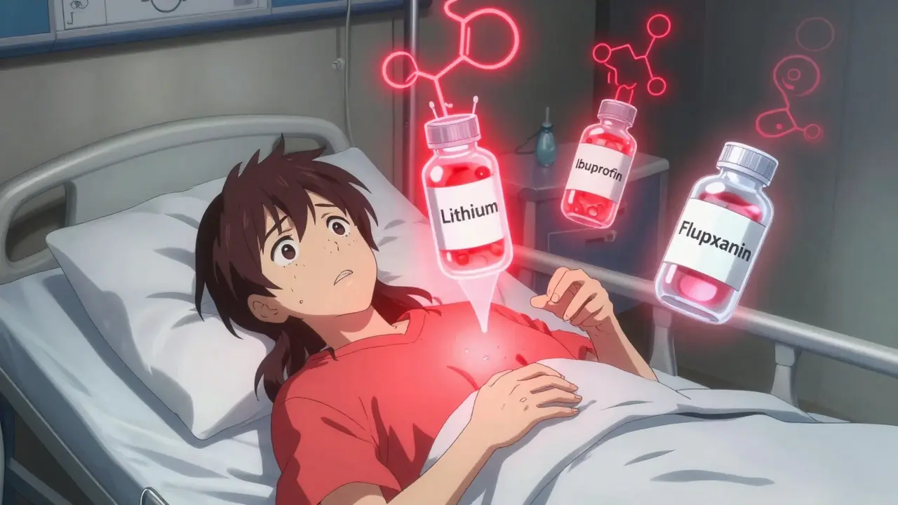 A patient surrounded by floating toxic drug bottles, glowing red warning aura emanating from their chest.