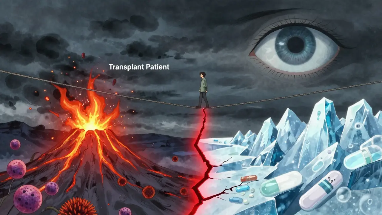 A person walking a fragile tightrope between a fiery immune surge and a frozen immunosuppressant glacier, with a warning eye watching overhead.