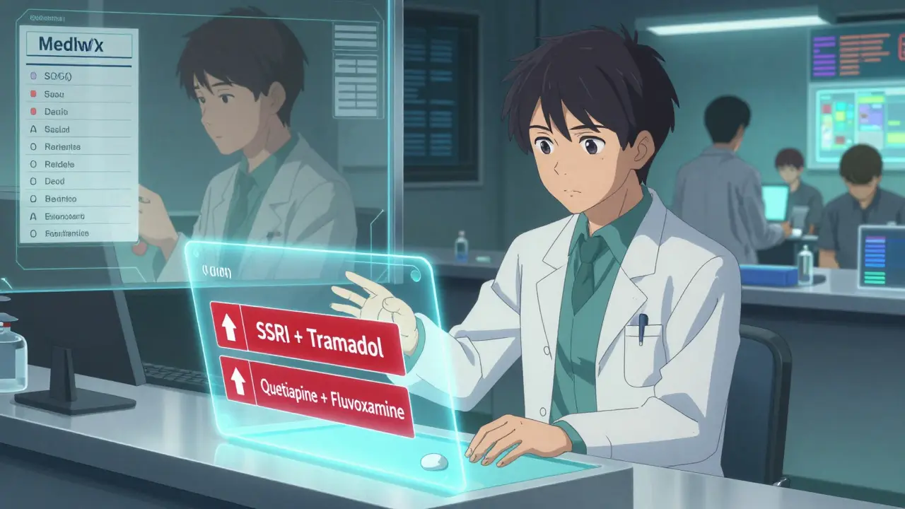 A pharmacist monitoring digital drug interaction alerts with red flags on dangerous medication combos.