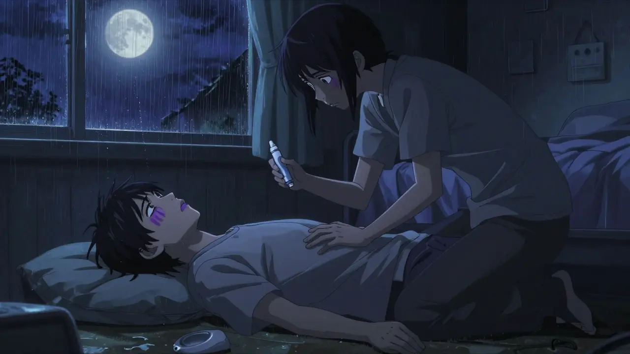 A teenager lies unresponsive on the floor as a sibling administers naloxone in a moonlit bedroom.