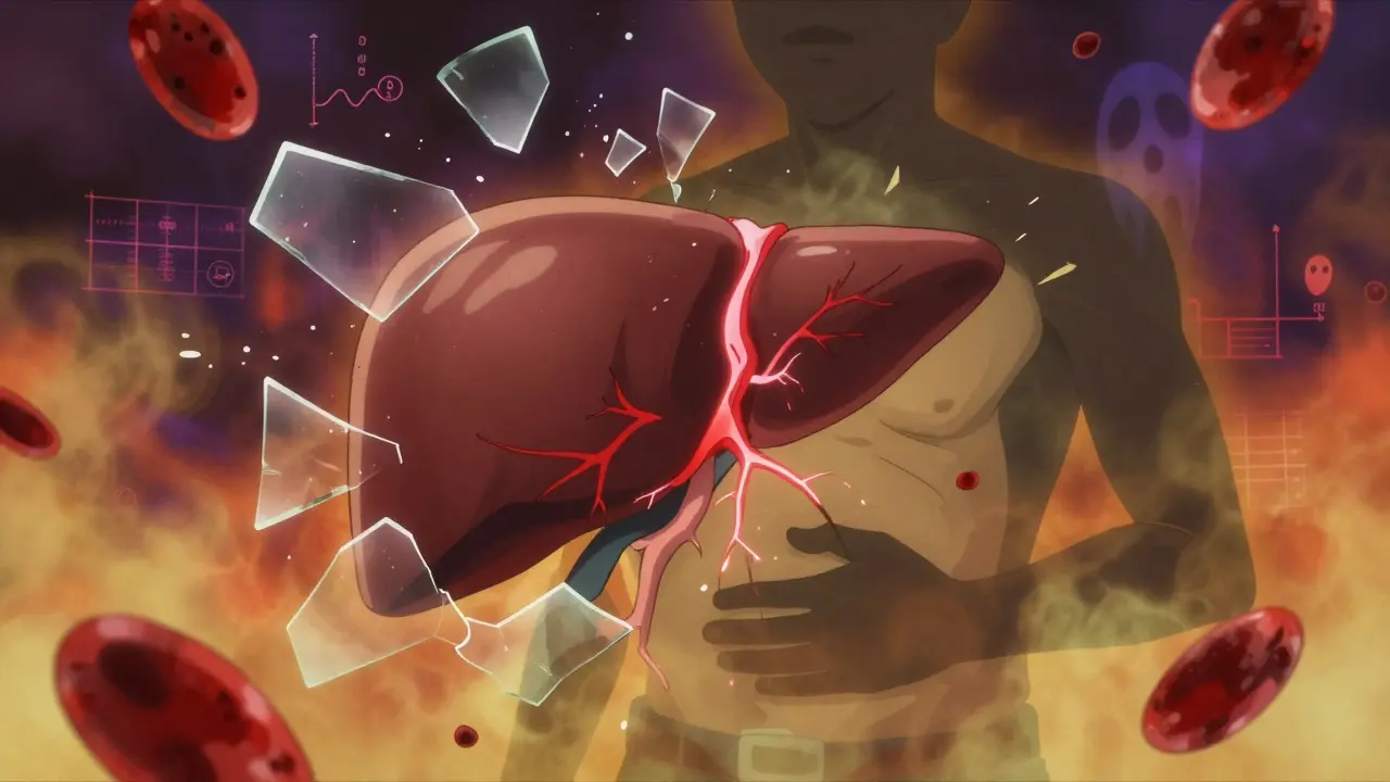An inflamed liver with red veins and jaundiced haze, symbolizing severe alcohol-related liver damage.