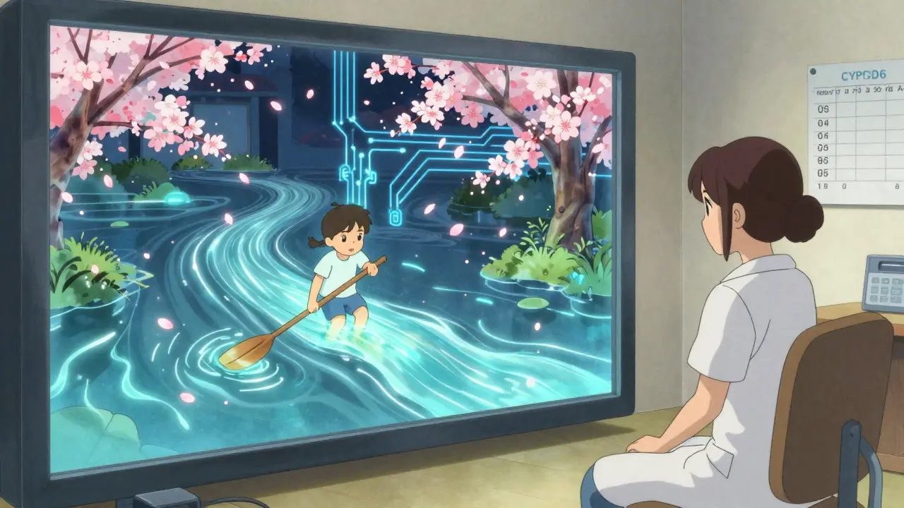 Child playing FDA-cleared ADHD video game, with genetic code and doctor’s chart floating in anime-style background.