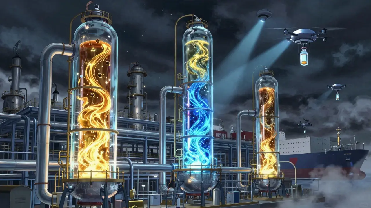 Chinese chemical reactors glowing with vibrant APIs flowing through transparent pipelines under cyberpunk skies.