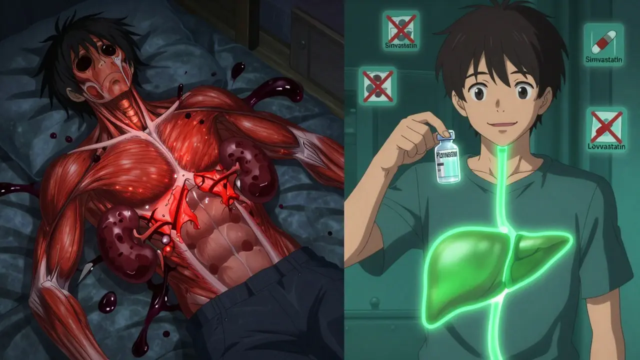 Contrasting scenes of dangerous muscle breakdown versus safe statin use with glowing metabolic pathways.