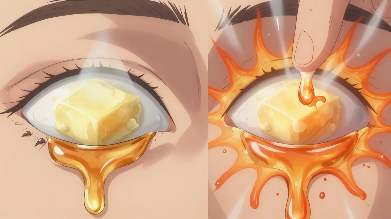 Cross-section of eyelid glands showing thick oil melting into smooth flow, with heat waves and glowing particles.