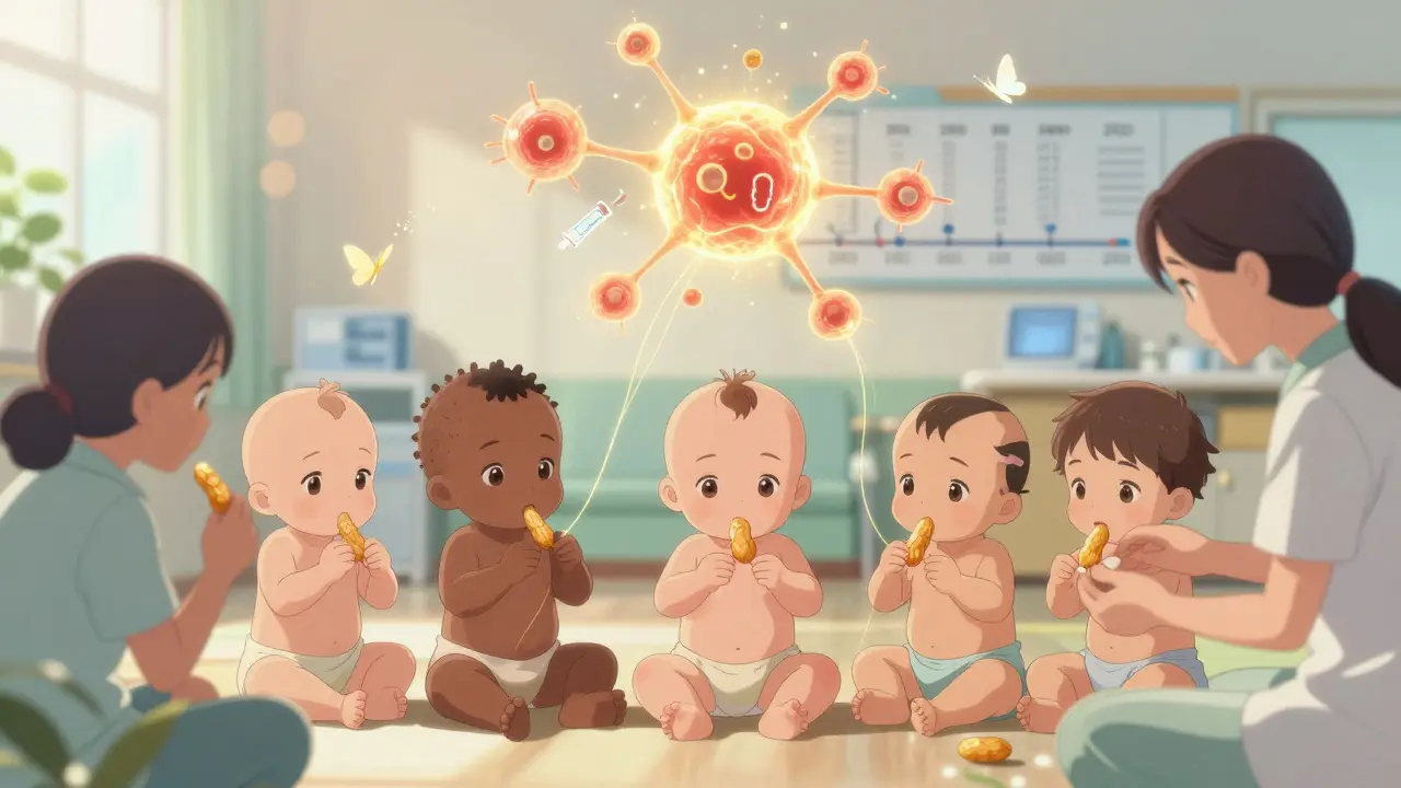 Diverse infants eating peanut snacks with glowing immune system threads