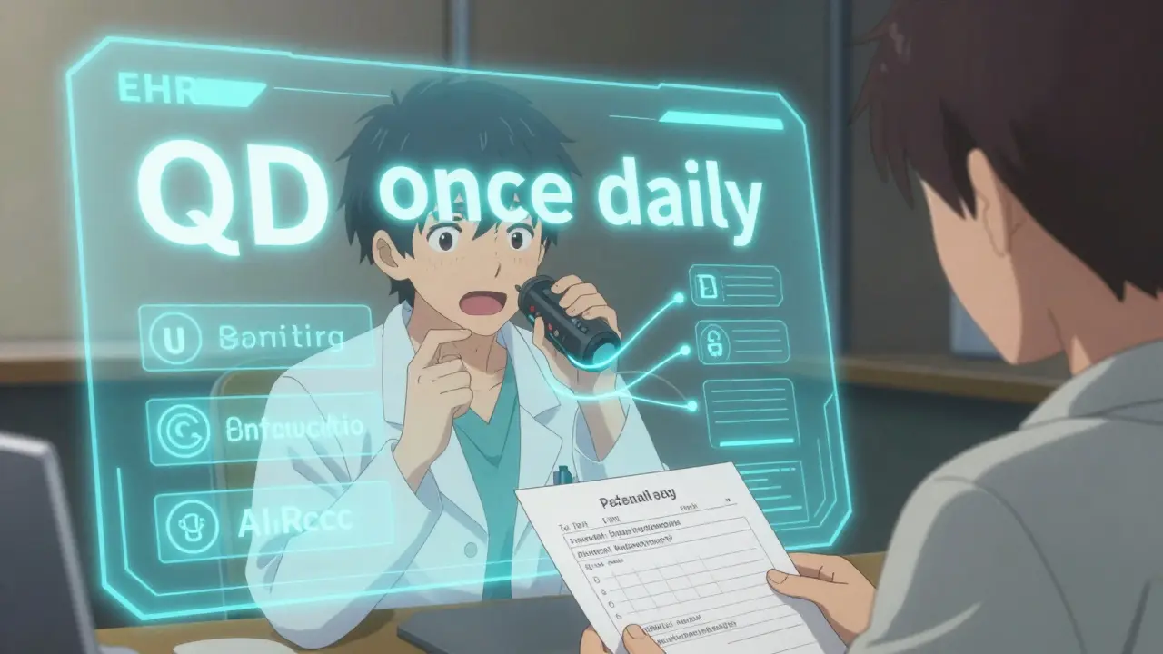 Doctor speaking into a voice recorder as AI transforms dangerous medical abbreviations into clear full terms on a holographic screen.