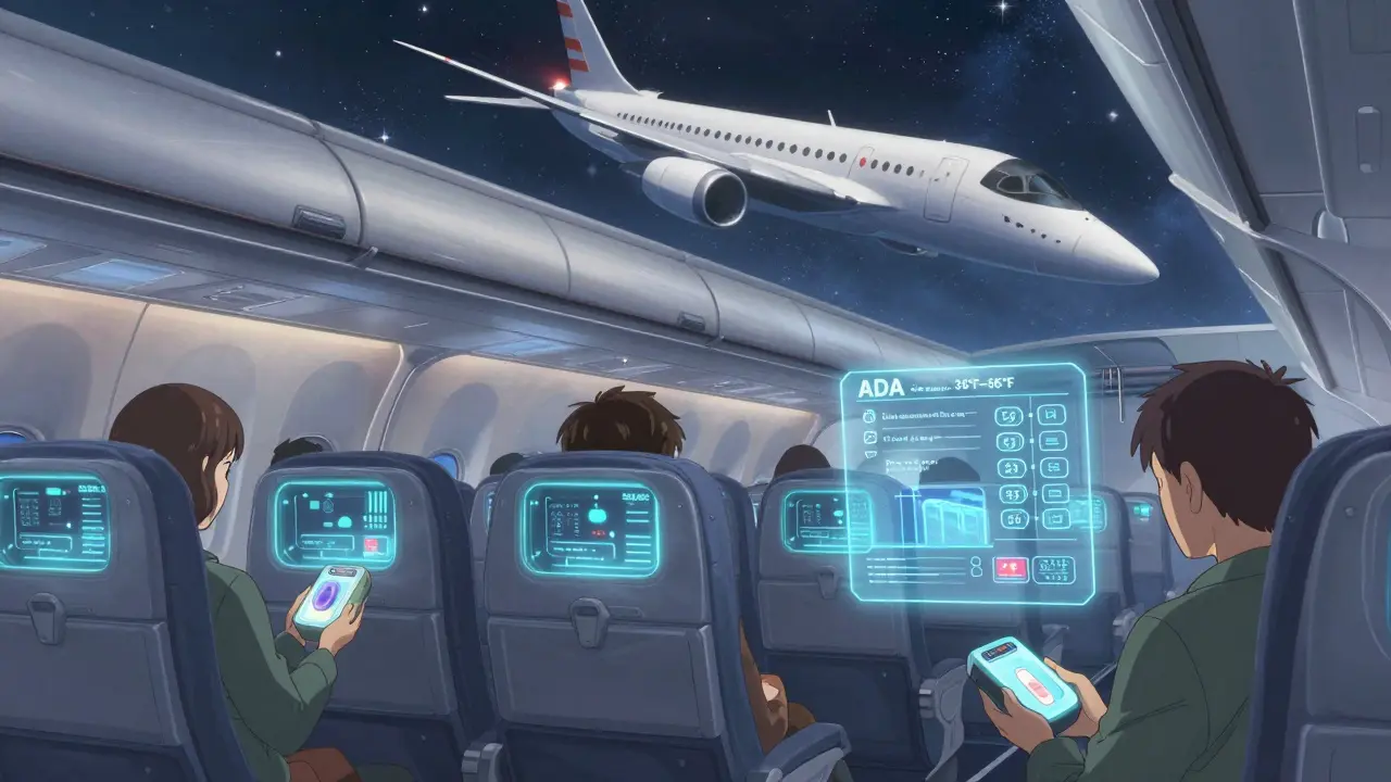 Futuristic airplane cabin with temperature-controlled storage and holographic safety checklist.