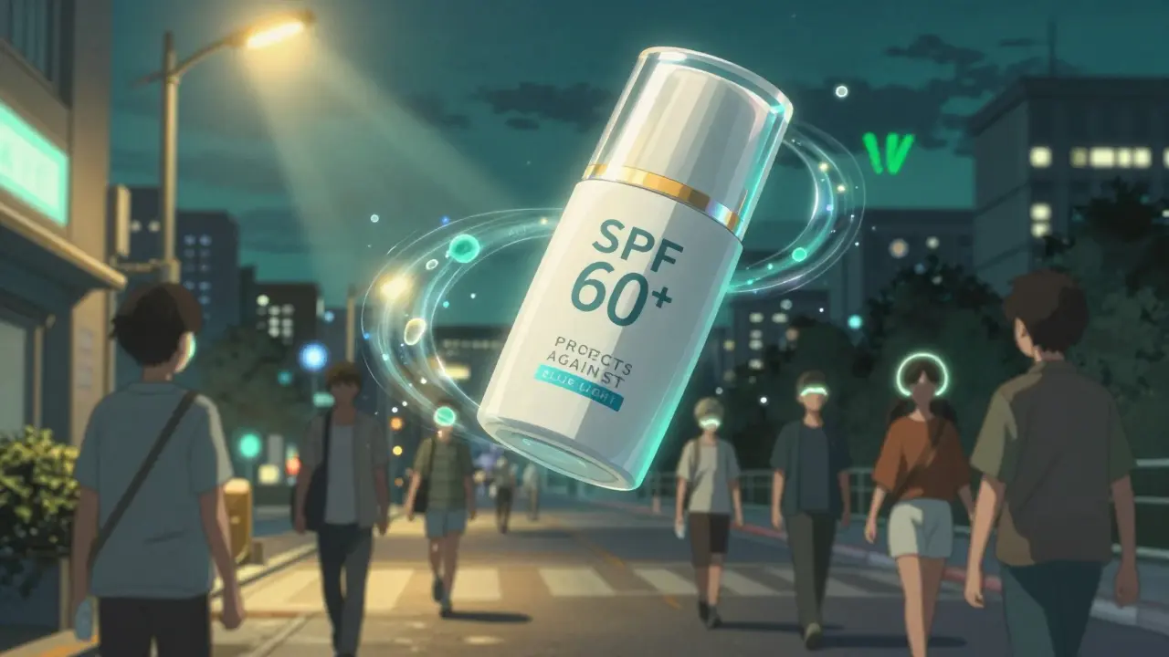 Futuristic sunscreen bottle hovering over city, neutralizing blue light with glowing antioxidant particles.