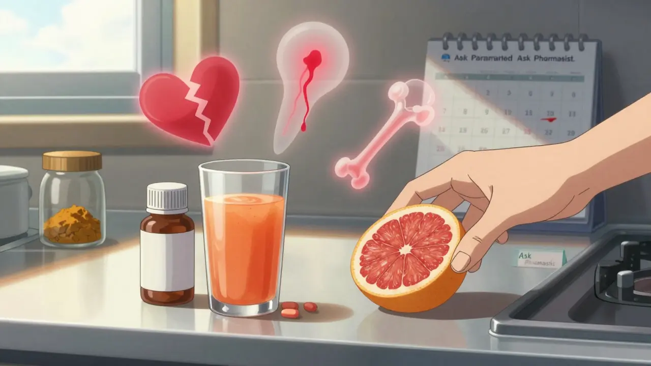 Grapefruit juice and statin pills on a kitchen counter with warning symbols floating above.